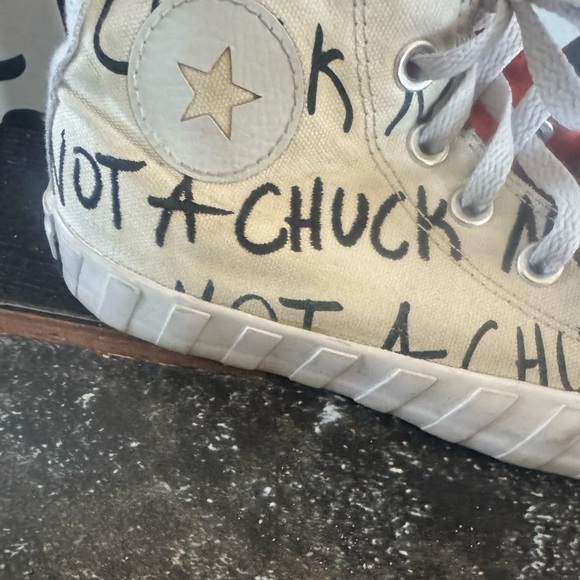 Converse Winter White High-Tops with Black “NOT A CHUCK” wording- so fun &unique - Picture 2 of 12
